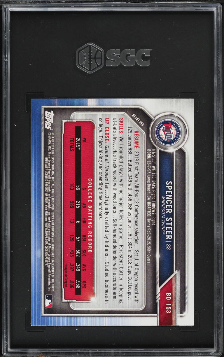 2019 Bowman Draft Spencer Steer PROSPECT #BD-153 SGC 10 GEM MINT