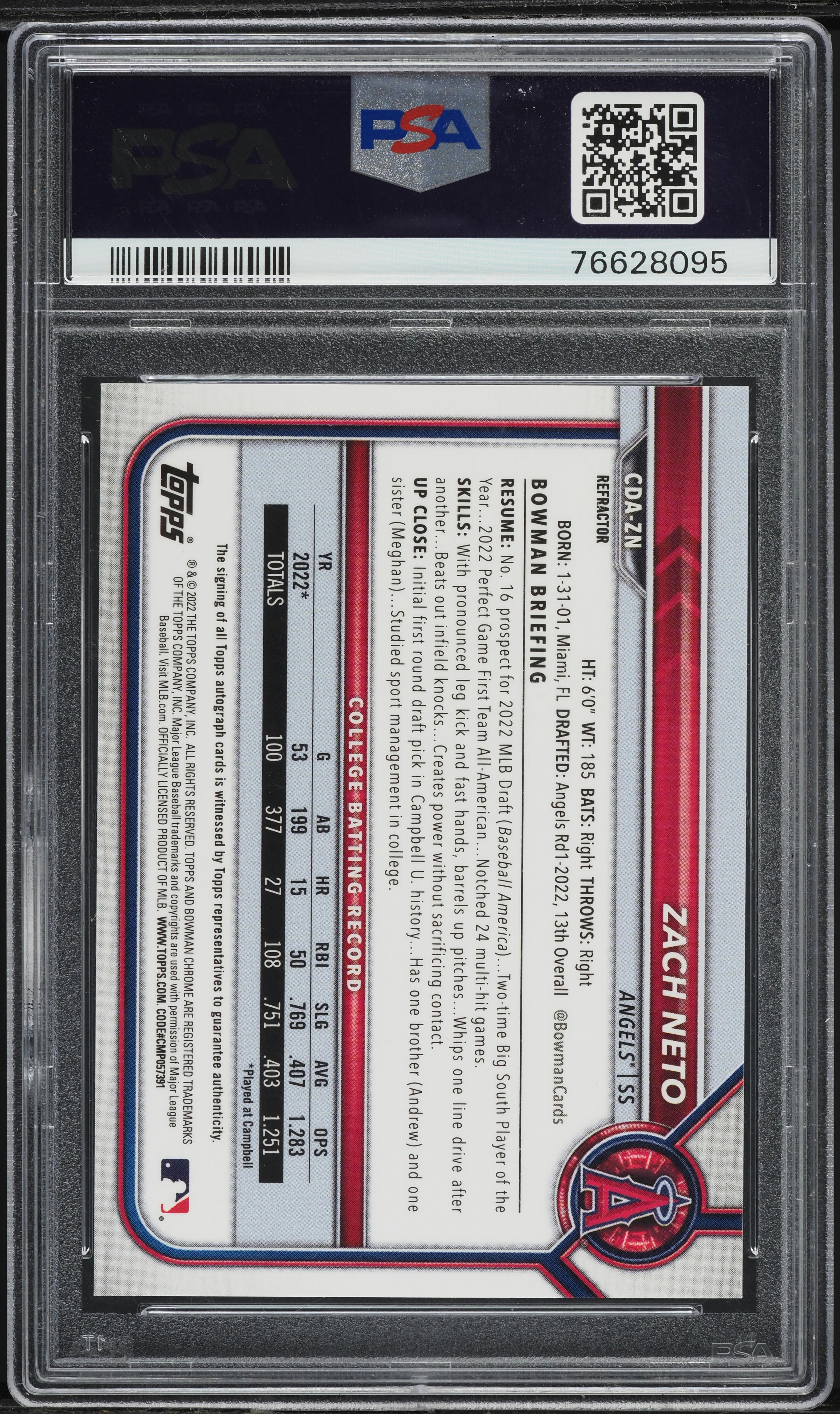 2022 Bowman Chrome Refractor Zach Neto ROOKIE AUTO /499 #CDA