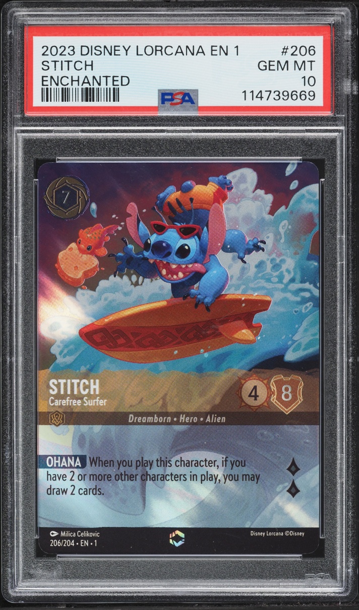 2023 Disney Lorcana First Chapter Enchanted Stitch Carefree Surfer #206 PSA 10 GEM MINT