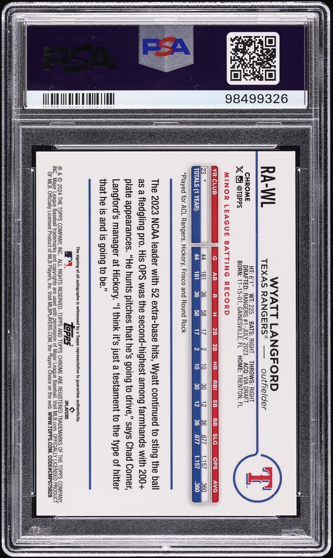 2024 Topps Chrome Orange Refractor Wyatt Langford ROOKIE AUTO /25 #RA-WL PSA 10