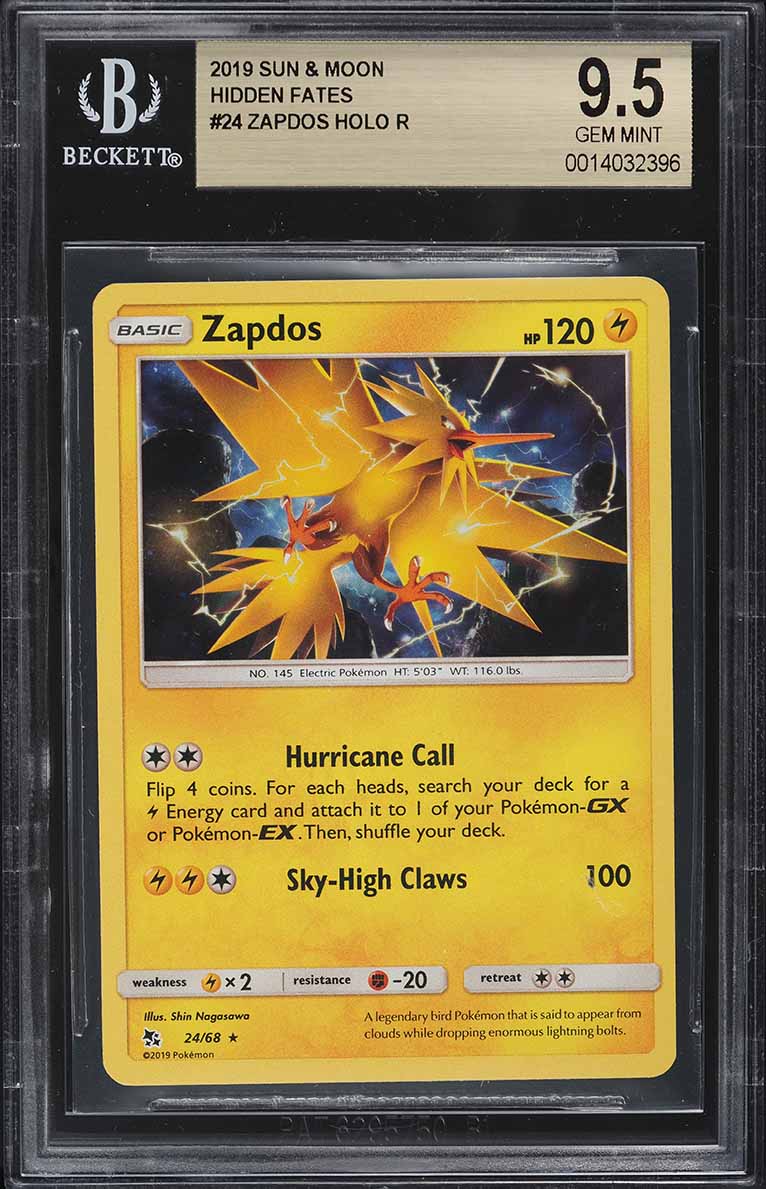 2019 Pokemon Sun & Moon Hidden Fates Holo Zapdos #24 BGS 9.5 GEM MINT