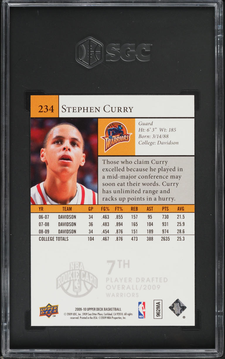2009 Upper Deck Basketball Stephen Curry ROOKIE #234 SGC 9 MINT
