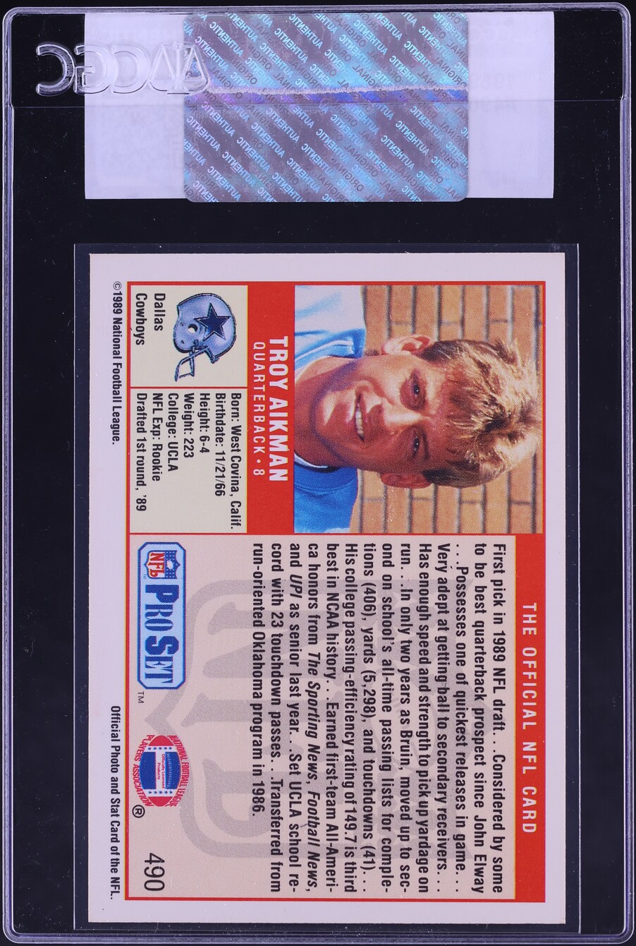 1989 Pro Set Football Troy Aikman ROOKIE #490 CGC AUTH