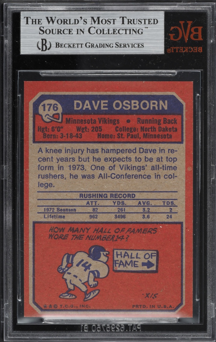 1973 Topps Football Dave Osborn #176 BVG 9 MINT