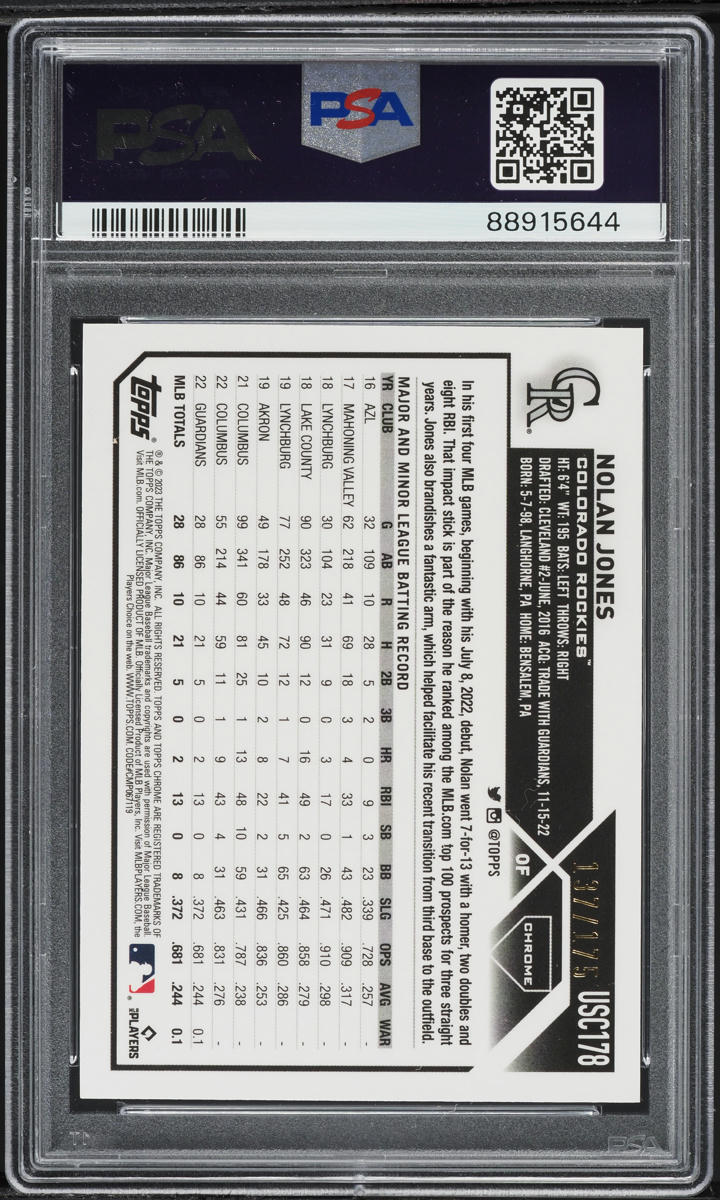 2023 Topps Chrome Update Aqua Blue Lava Lamp Refractor Nolan Jones RC /175 PSA 9