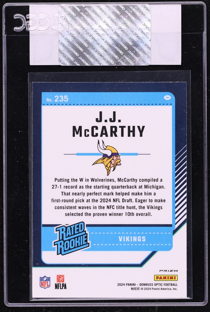 2024 Donruss Optic Holo J.J. McCarthy ROOKIE #235 CGC AUTH