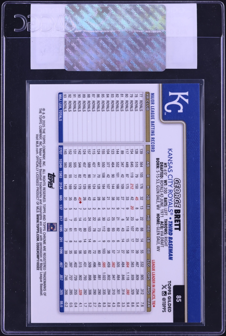 2025 Topps Gilded Collection Gold Mini Diamond Refractor George Brett /50 #85 CGC AUTH