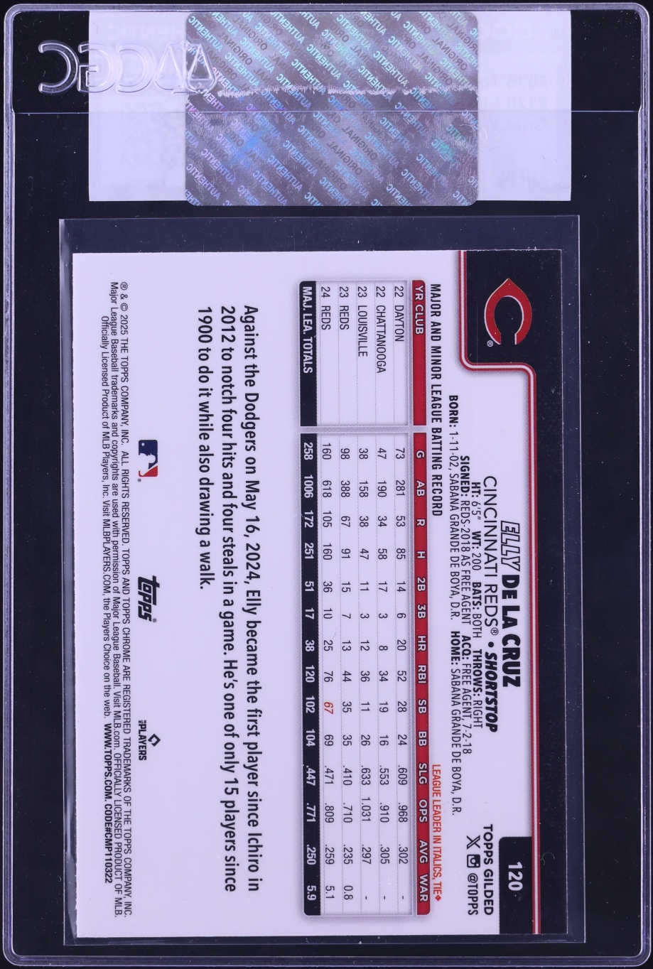2025 Topps Gilded Collection Gold Wave Refractor Elly De La Cruz /75 #120 CGC AUTH