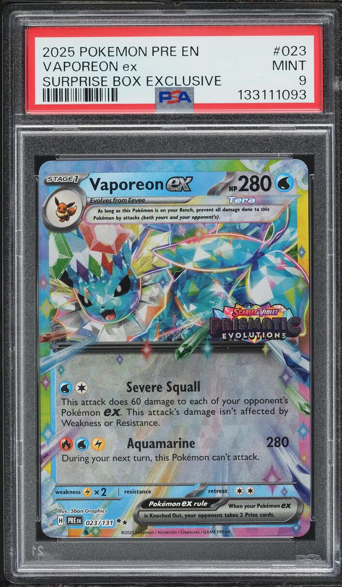 2025 Pokemon SV Prismatic Evolutions Surprise Box Holo Vaporeon EX #23 PSA 9 MINT