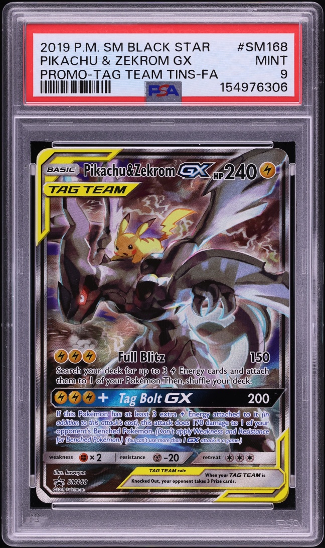 2019 Pokemon Sun & Moon Promo Tag Team Tins Full Art Pikachu & Zekrom GX #SM168 PSA 9 MINT