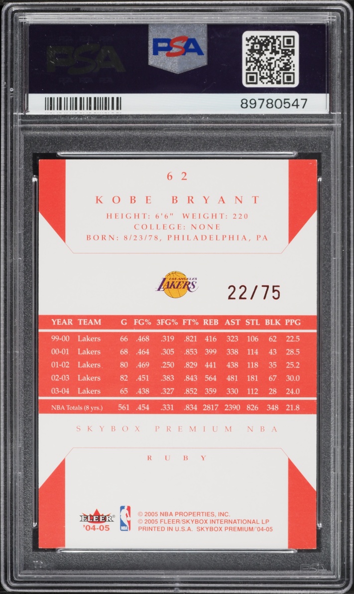 2004 Skybox Premium Ruby Kobe Bryant /75 #62 PSA 9 MINT