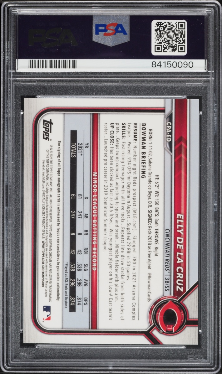 2022 Bowman Chrome Purple Refractor Elly De La Cruz PROSPECT AUTO /250 #CPA-ED PSA 10 GEM MINT