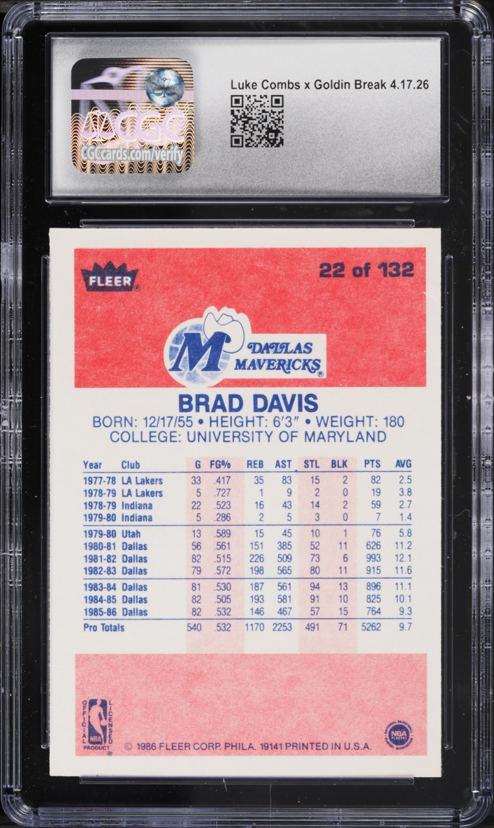 1986 Fleer Basketball Brad Davis #22 CGC 7.5 NRMT+