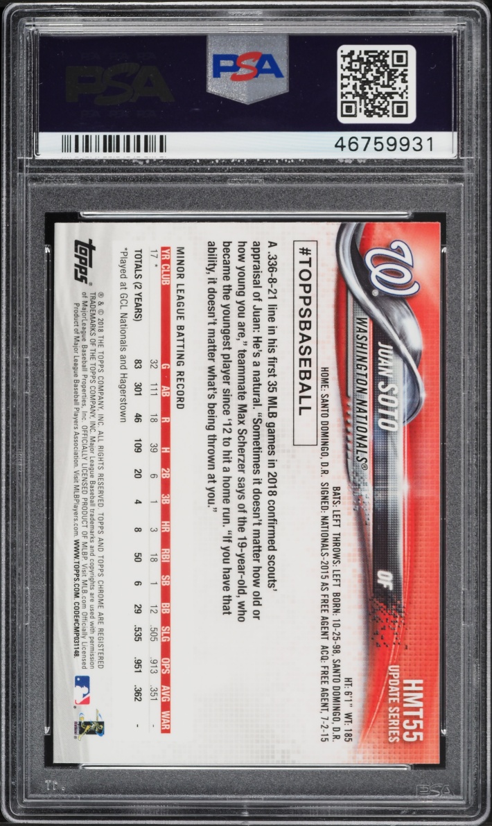 2018 Topps Chrome Update Juan Soto ROOKIE #HMT55 PSA 10 GEM MINT