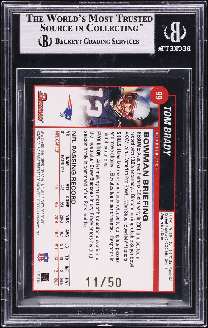 2002 Bowman Gold Tom Brady /50 #99 BGS 8.5 NM-MT+