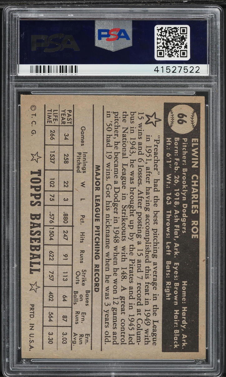 1952 Topps Preacher Roe BLACK BACK #66 PSA 7 NRMT