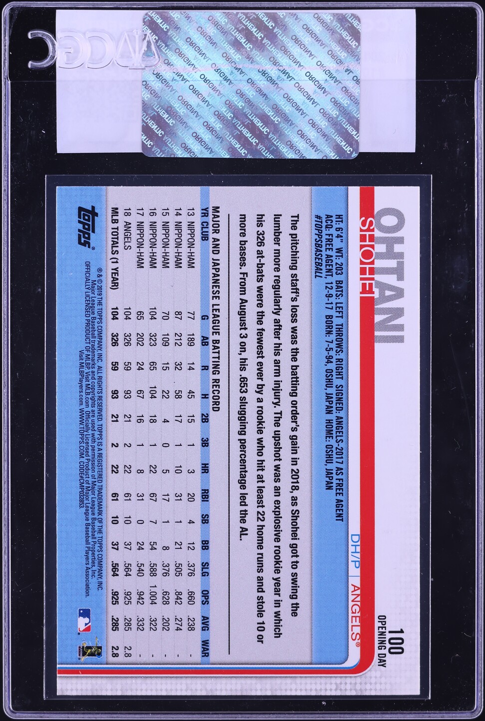 2019 Topps Opening Day Shohei Ohtani #100 CGC AUTH