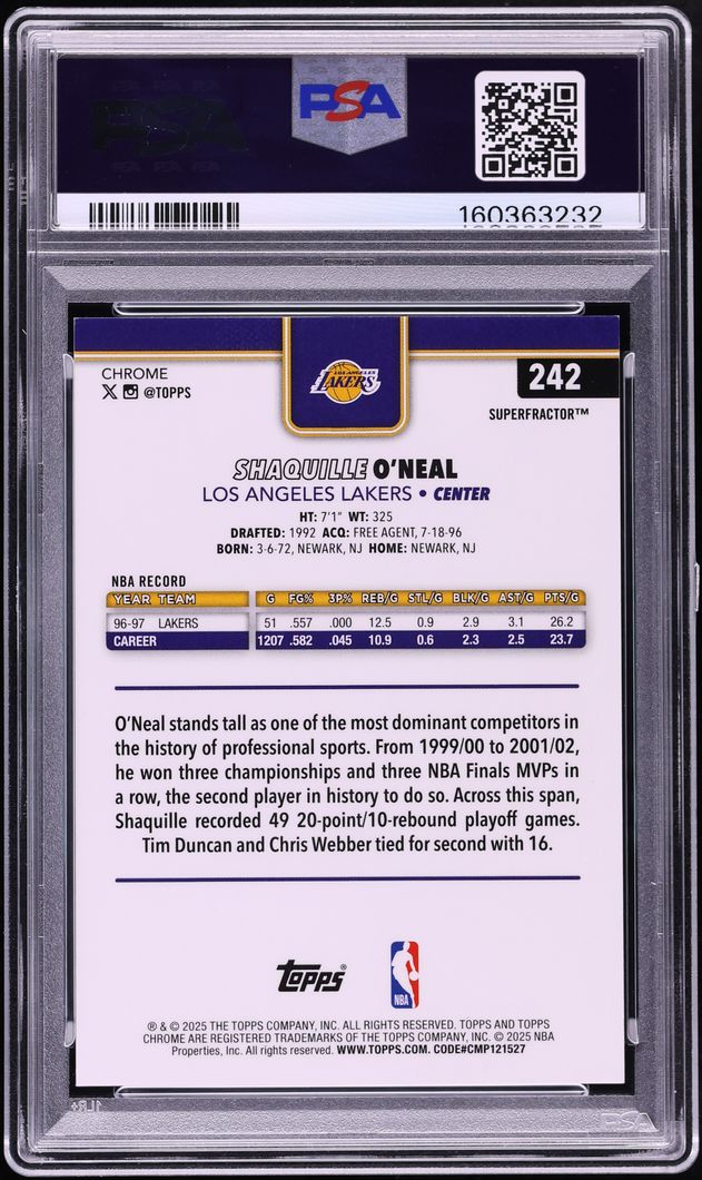 2025 Topps Chrome Superfractor Shaquille O'Neal 1/1 #242 PSA 9 MINT
