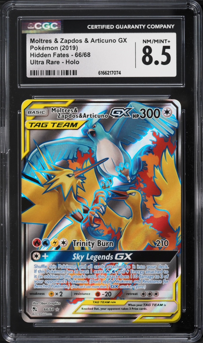 2019 Pokemon Sun & Moon Hidden Fates Full Art Moltres & Zapdos & Articuno GX #66 CGC 8.5 NM-MT+