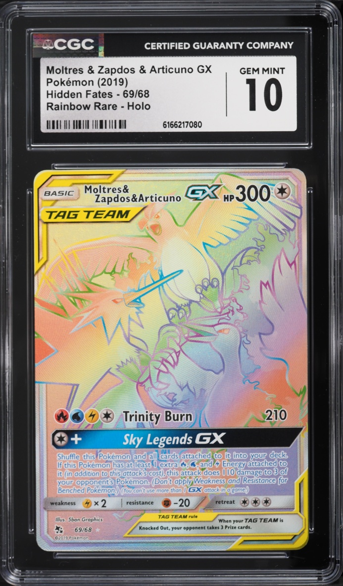 2019 Pokemon Sun & Moon Hidden Fates Rainbow Rare Moltres & Zapdos & Articuno GX #69 CGC 10 GEM
