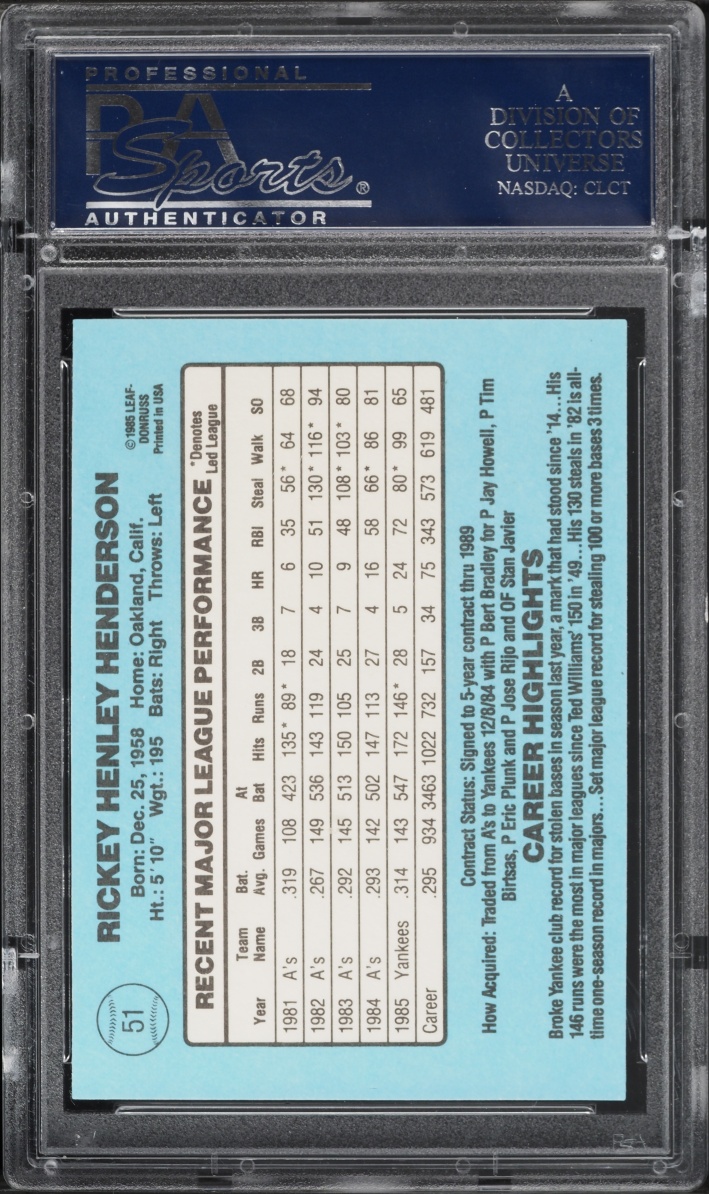 1986 Donruss Rickey Henderson #51 PSA 9 MINT