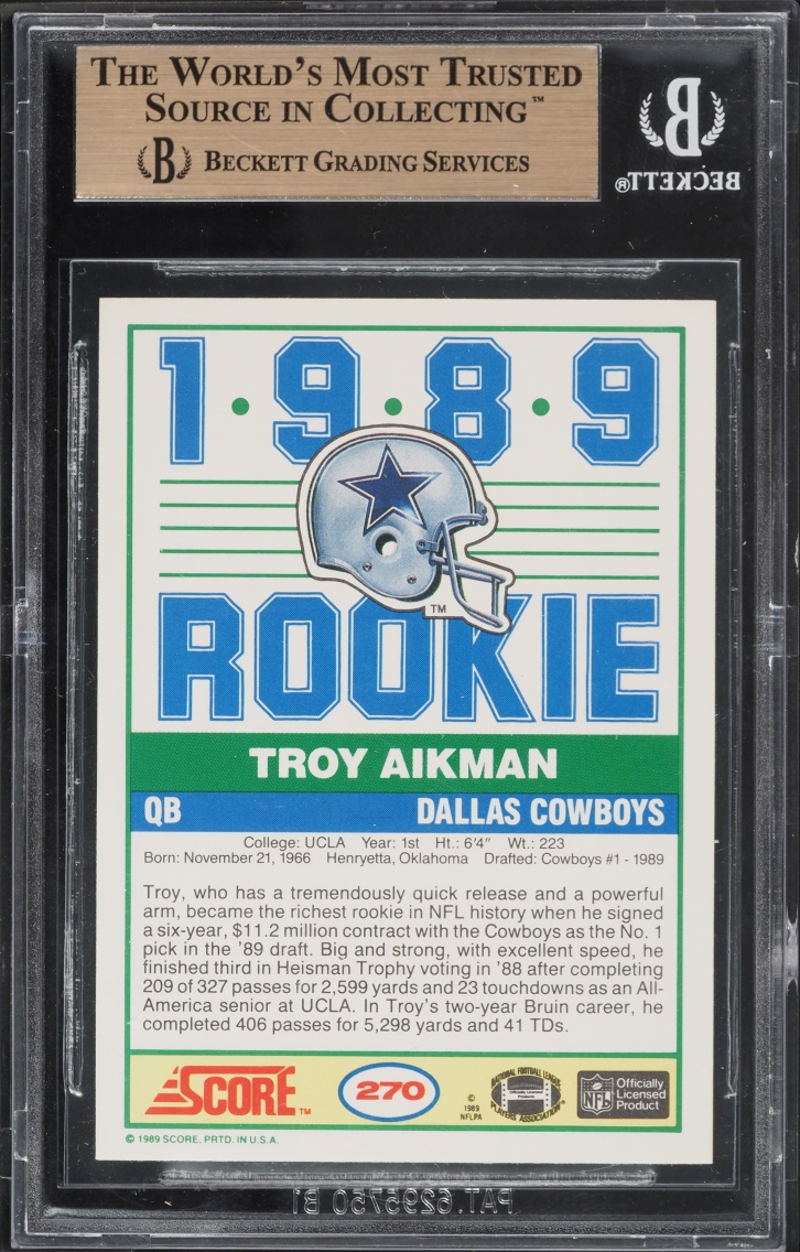 1989 Score Football Troy Aikman ROOKIE #270 BGS 9.5 GEM MINT