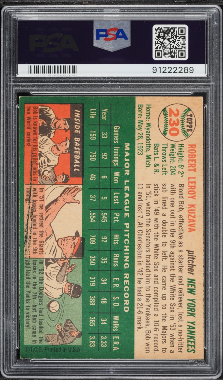 1954 Topps Bob Kuzava #230 PSA 8 NM-MT