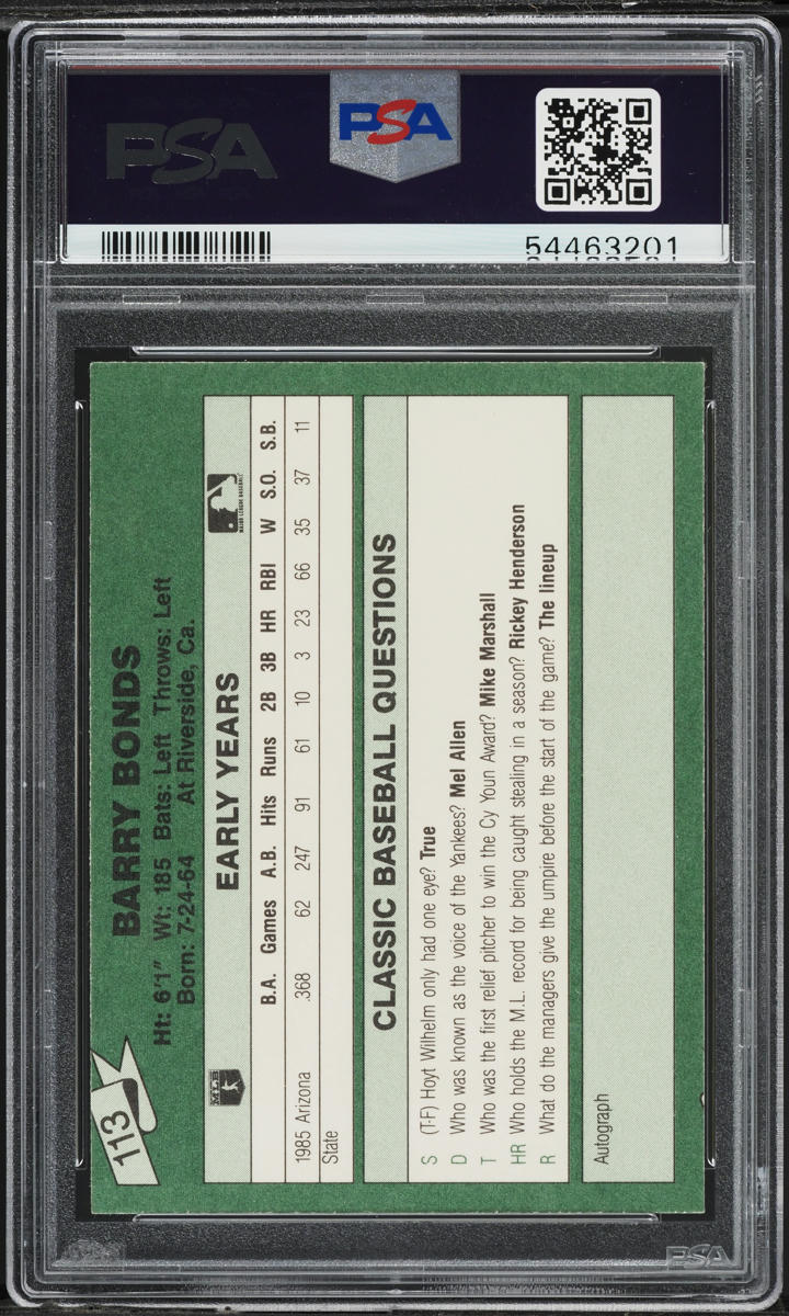 1987 Classic Travel Update Yellow Green Back Barry Bonds ROOKIE #113 PSA 6 EXMT