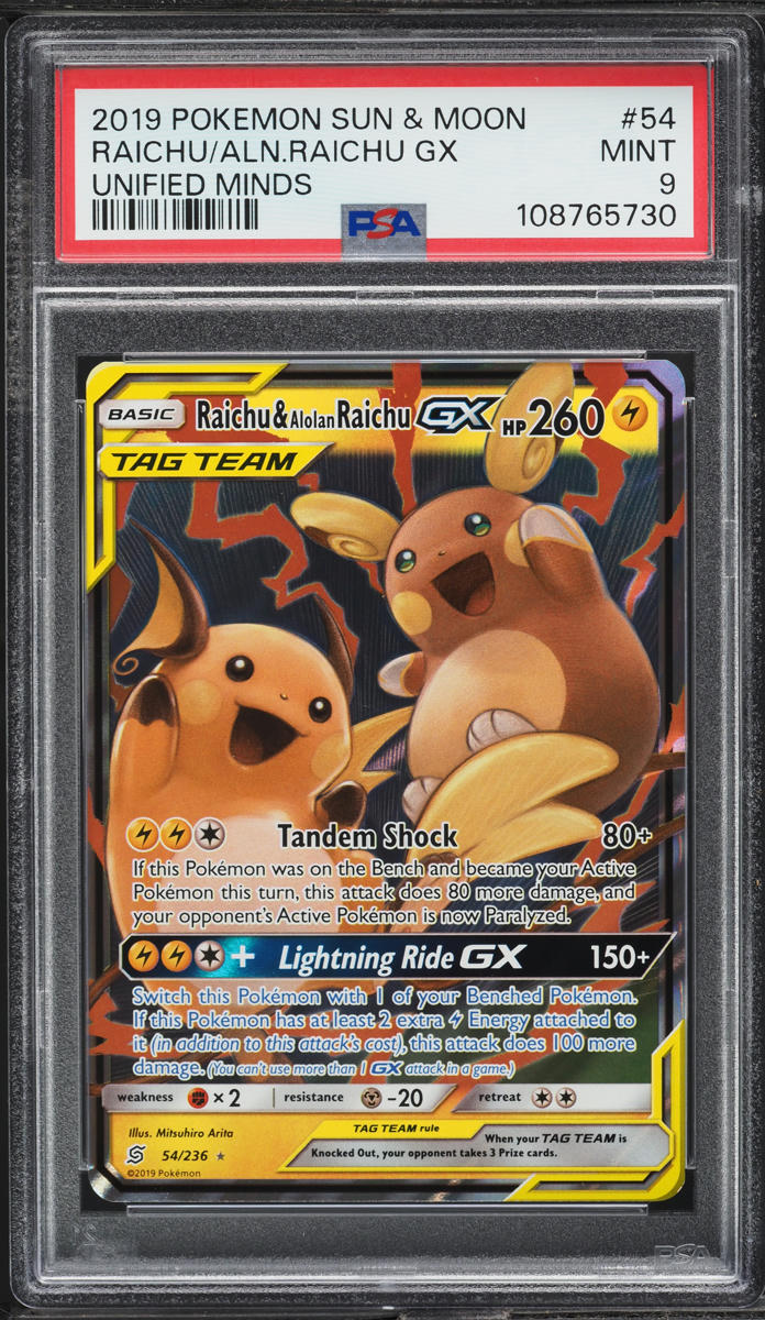 2019 Pokemon Sun & Moon Unified Minds Raichu & Alolan Raichu GX #54 PSA 9 MINT