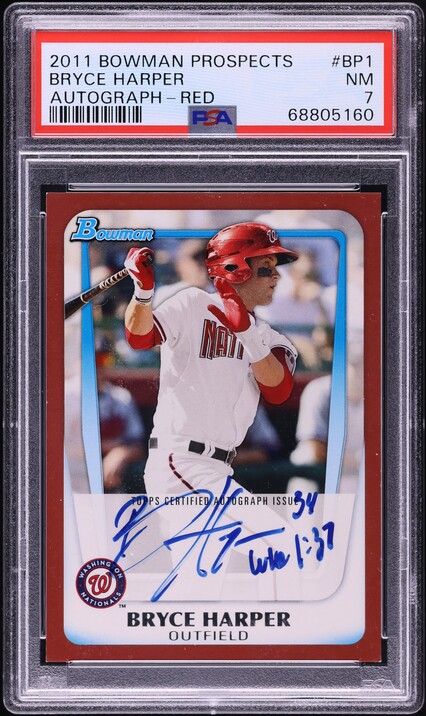 2011 Bowman Red Bryce Harper PROSPECT AUTO /5 #BP1 PSA 7 NRMT on