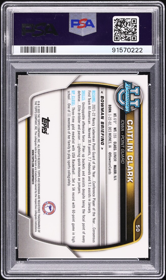 2022 Bowman  University Shimmer Refractor Caitlin Clark ROOKIE #50 PSA 9 MINT