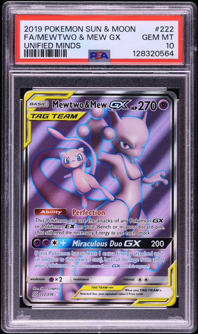2019 Pokemon Sun & Moon Unified Minds Full Art Mewtwo & Mew GX #222 PSA 10 GEM MINT