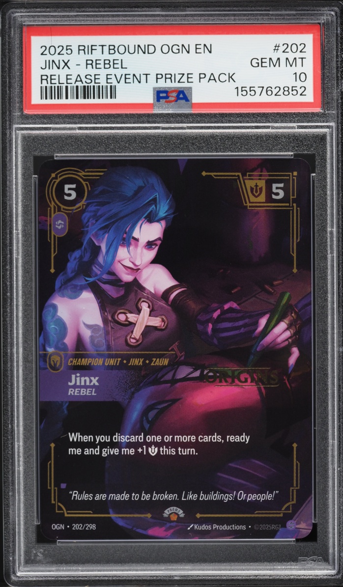 2025 Riftbound League Of Legends LoL Origins Release Event Prize Pack Jinx Rebel #202 PSA 10
