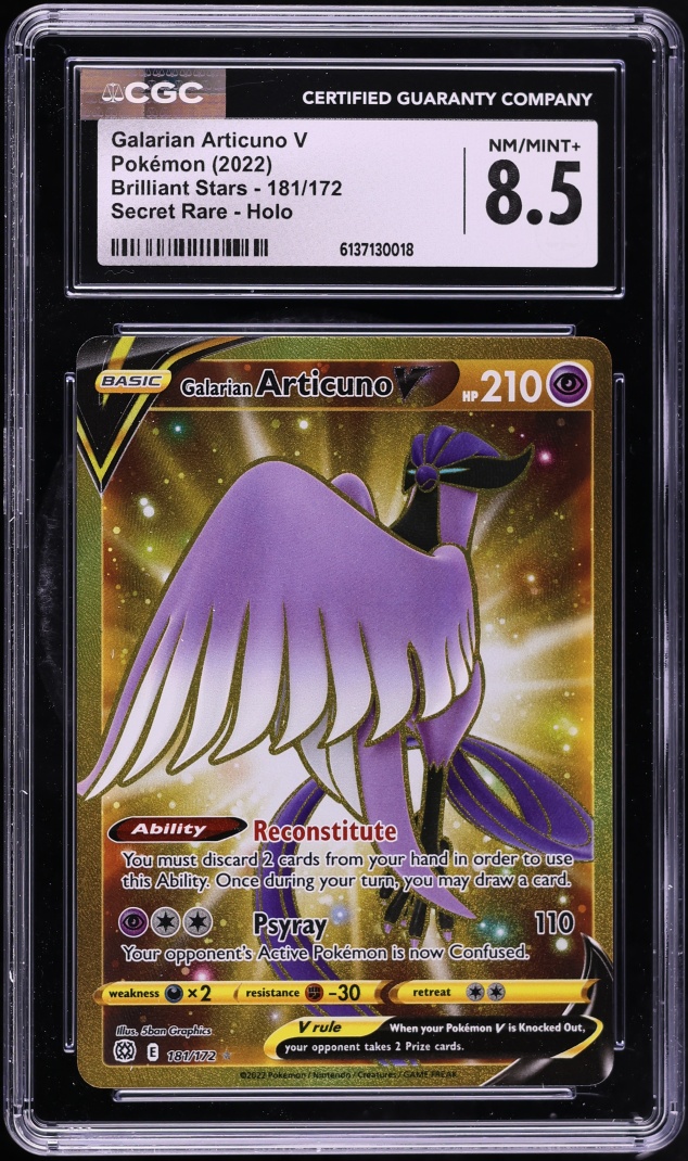 2022 Pokemon Sword & Shield Brilliant Stars Gold Rare Galarian Articuno V #181 CGC 8.5 NM-MT+