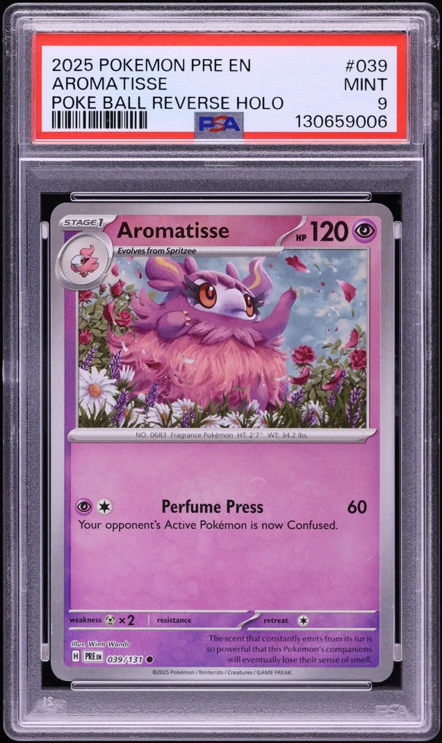 2025 Pokemon SV Prismatic Evolutions Poke Ball Reverse Holo Aromatisse #039 PSA 9 MINT