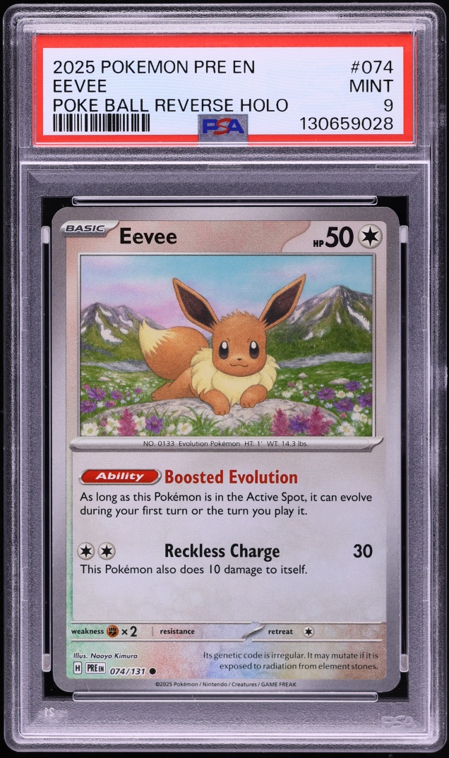 2025 Pokemon Scarlet & Violet Prismatic Evolutions Poke Ball Reverse Holo Eevee #74 PSA 9 MINT