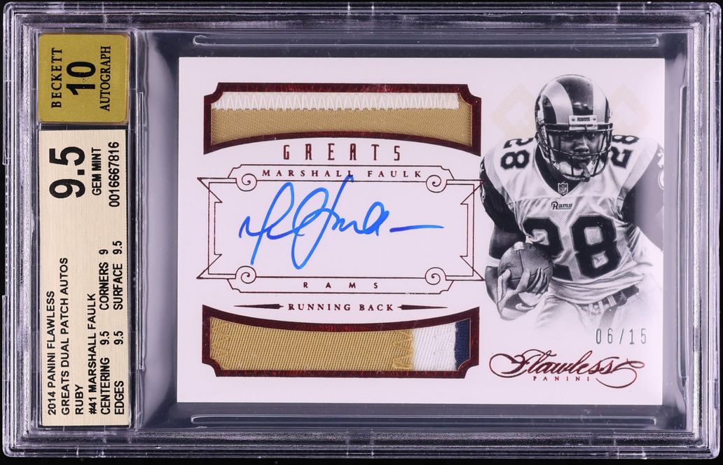 2014 Panini Flawless Greats Dual Ruby Marshall Faulk PATCH AUTO /15 #41 BGS 9.5 GEM MINT - Photo 1