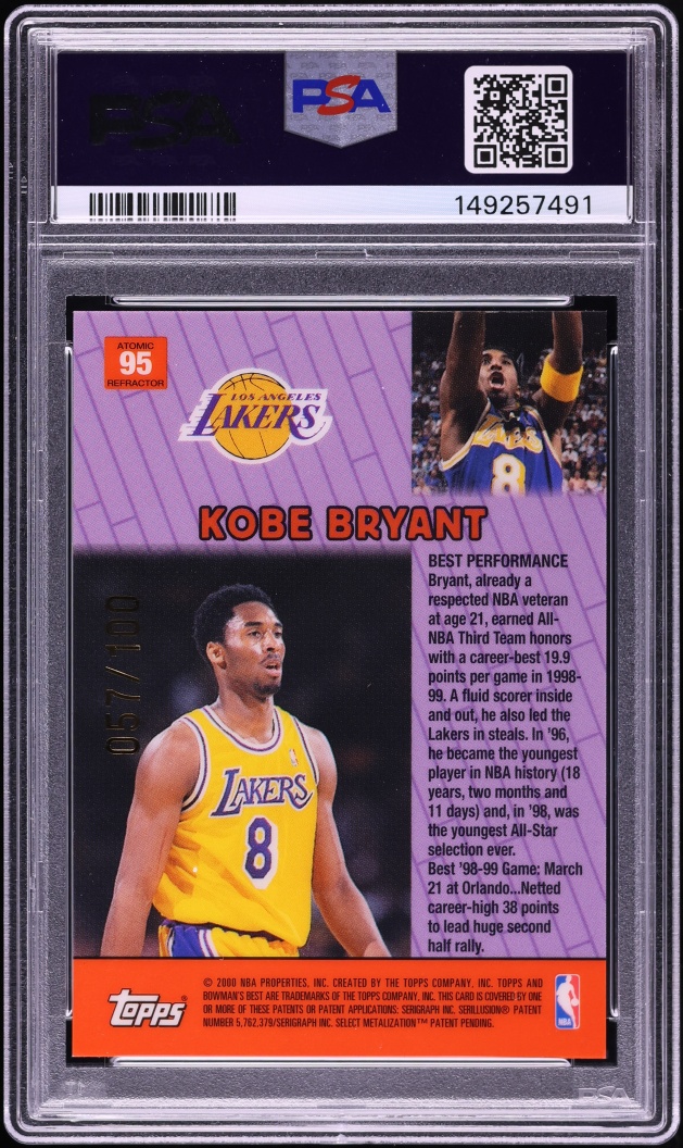 1999 Bowman's Best Atomic Refractor Kobe Bryant /100 #95 PSA 9 MINT - Photo 2