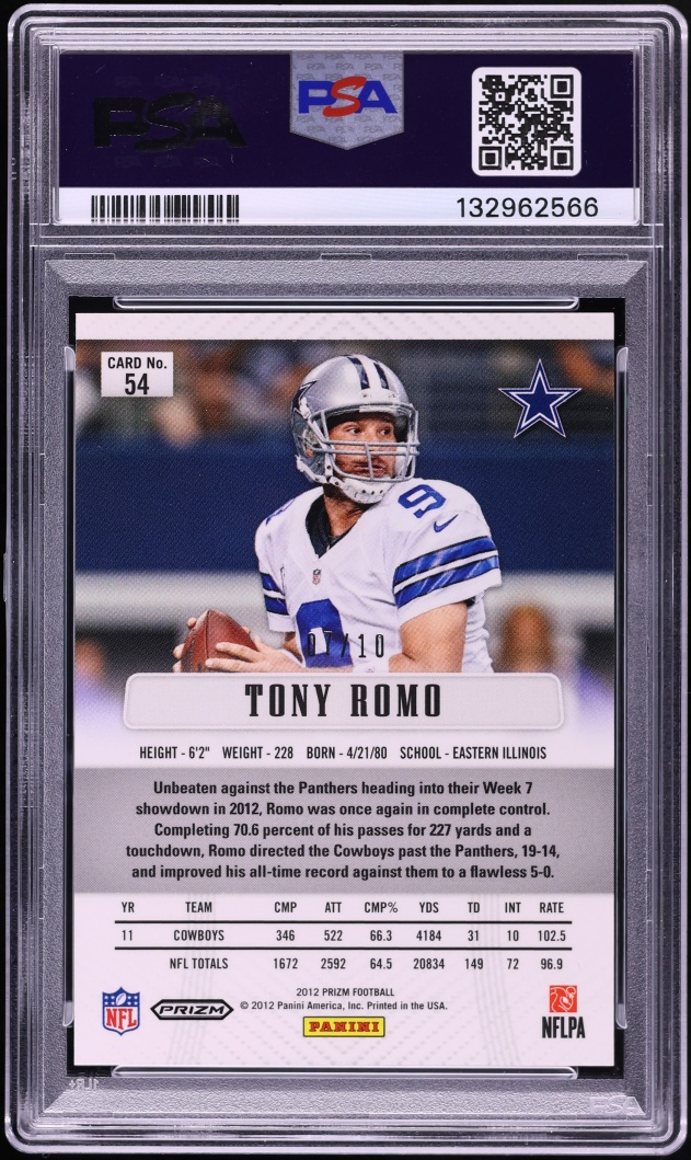 2012 Panini Prizm Gold Tony Romo /10 #54 PSA 10 GEM MINT - Photo 2