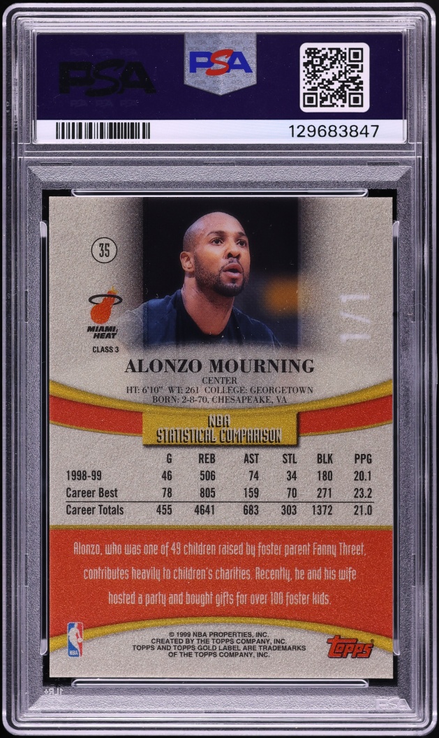 1999 Topps Gold Label Class 3 Alonzo Mourning 1/1 #35 PSA 9 MINT - Photo 2