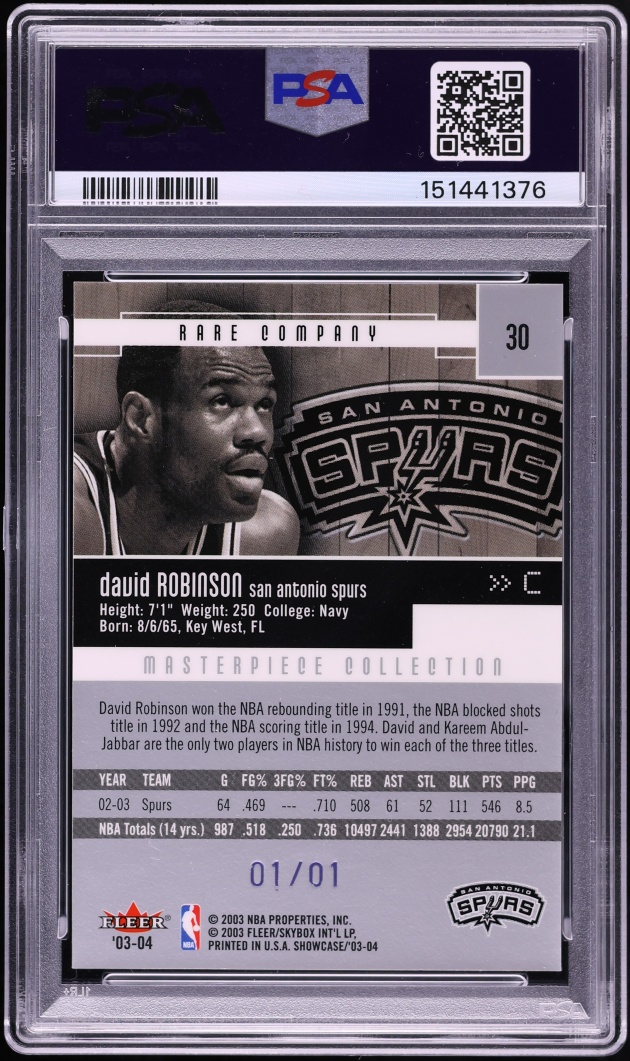 2003 Fleer Showcase Masterpiece David Robinson 1/1 #30 PSA 6 EXMT - Photo 2