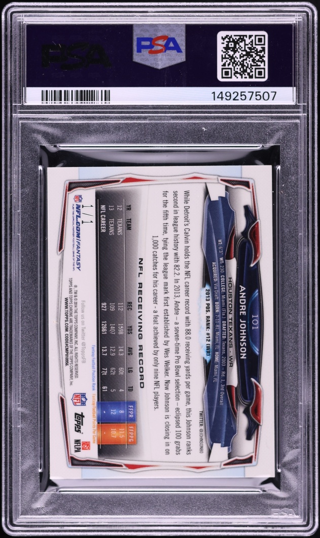 2014 Topps Chrome Mini Superfractor Andre Johnson 1/1 #101 PSA 10 GEM MINT - Photo 2
