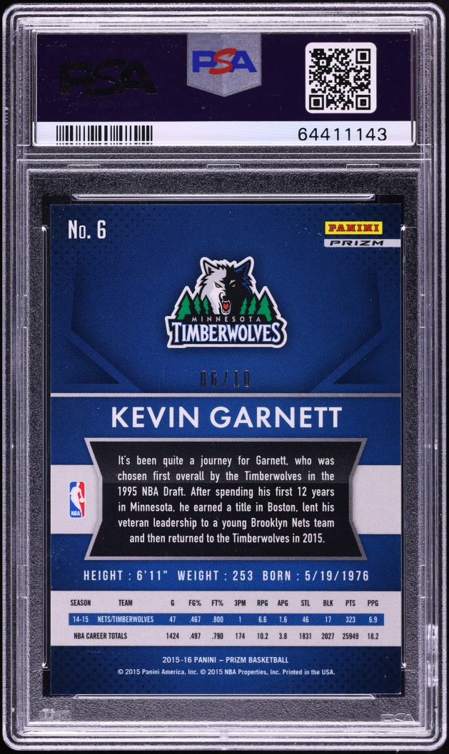 2015 Panini Prizm Gold Kevin Garnett /10 #6 PSA 9 MINT - Photo 2