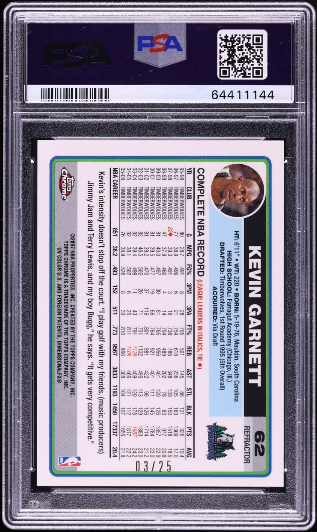 2006 Topps Chrome Gold Refractor Kevin Garnett /25 #62 PSA 9 MINT - Photo 2