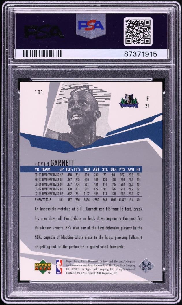 2003 Black Diamond Rainbow Kevin Garnett 1/10 #181 PSA 8 NM-MT - Photo 2
