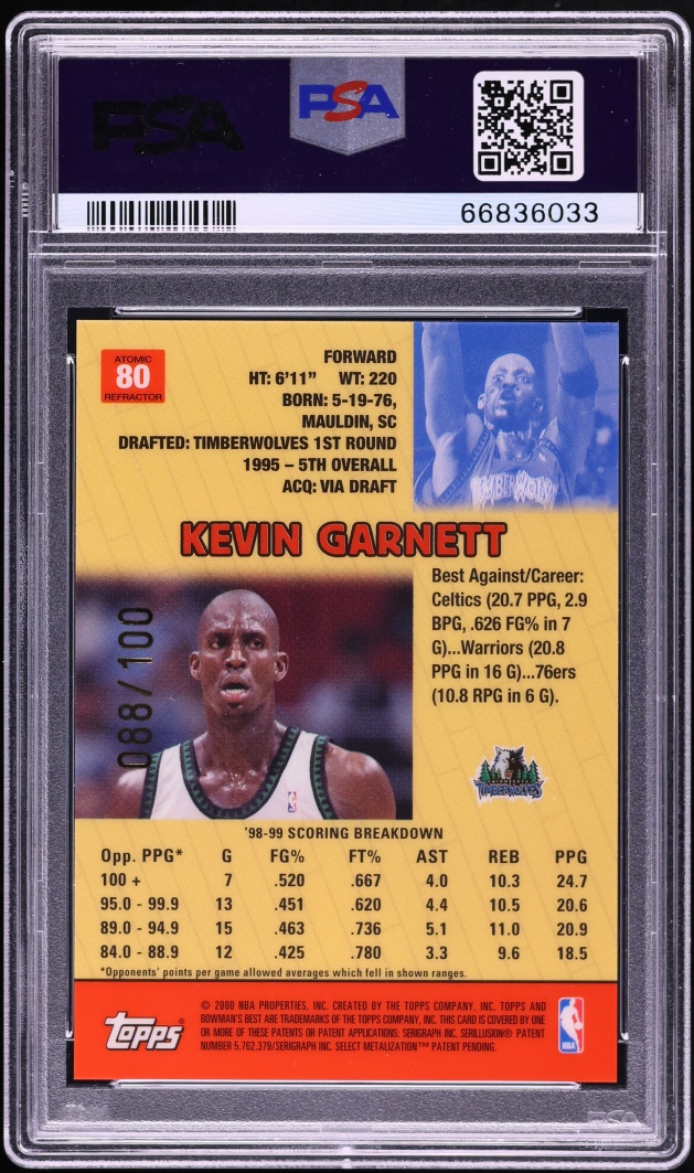 1999 Bowman's Best Atomic Refractor Kevin Garnett /100 #80 PSA 10 GEM MINT - Photo 2