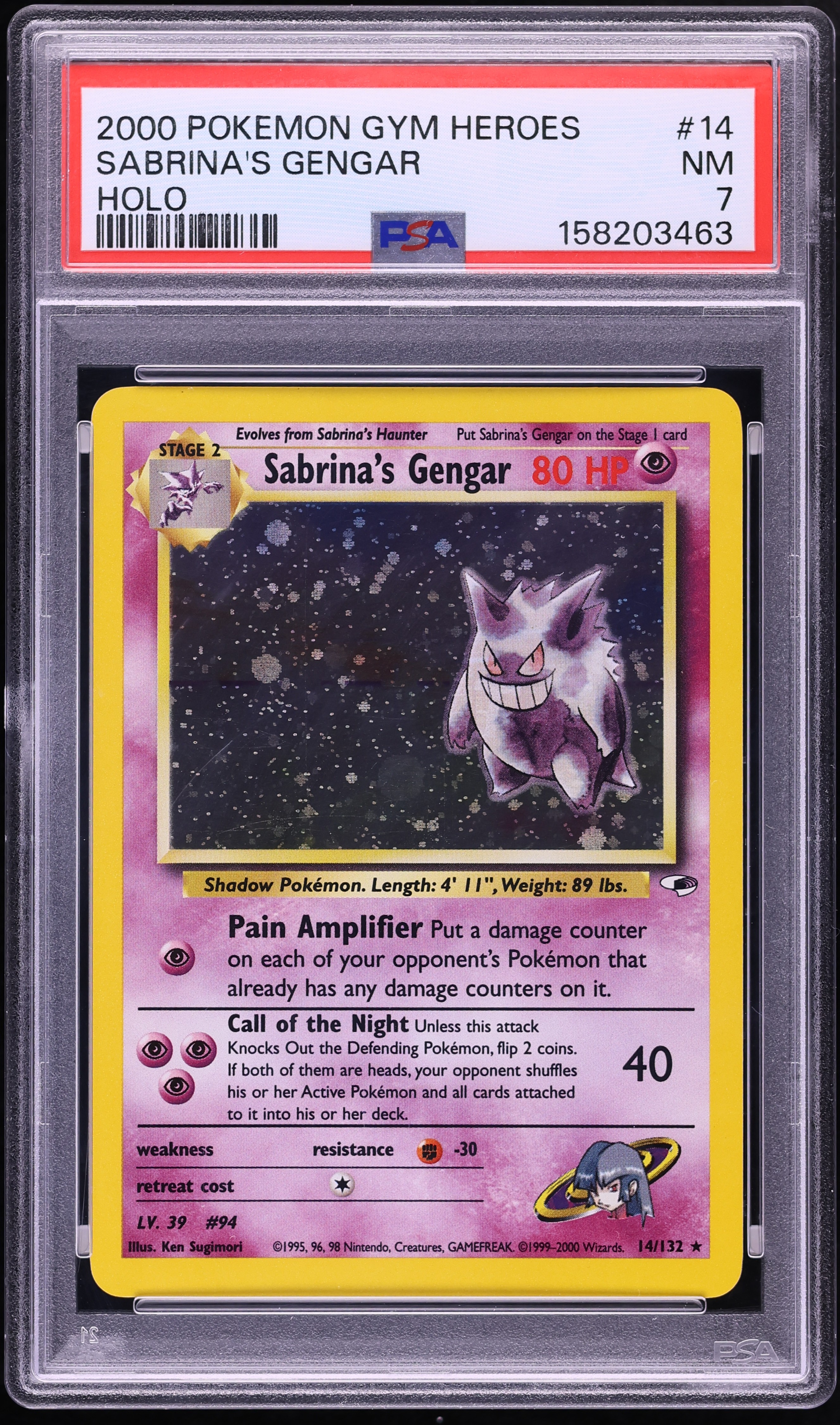 2000 Pokemon Gym Heroes Holo Sabrina's Gengar #14 PSA 7 NRMT