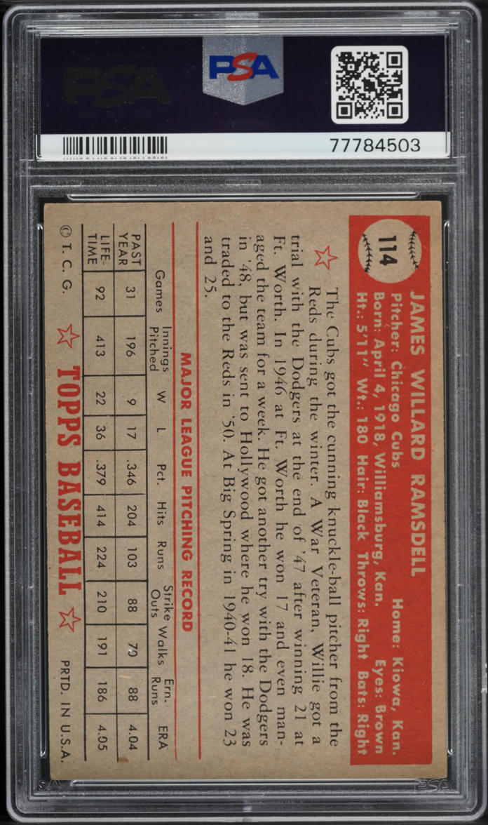 1952 Topps Willard Ramsdell #114 PSA 3 VG