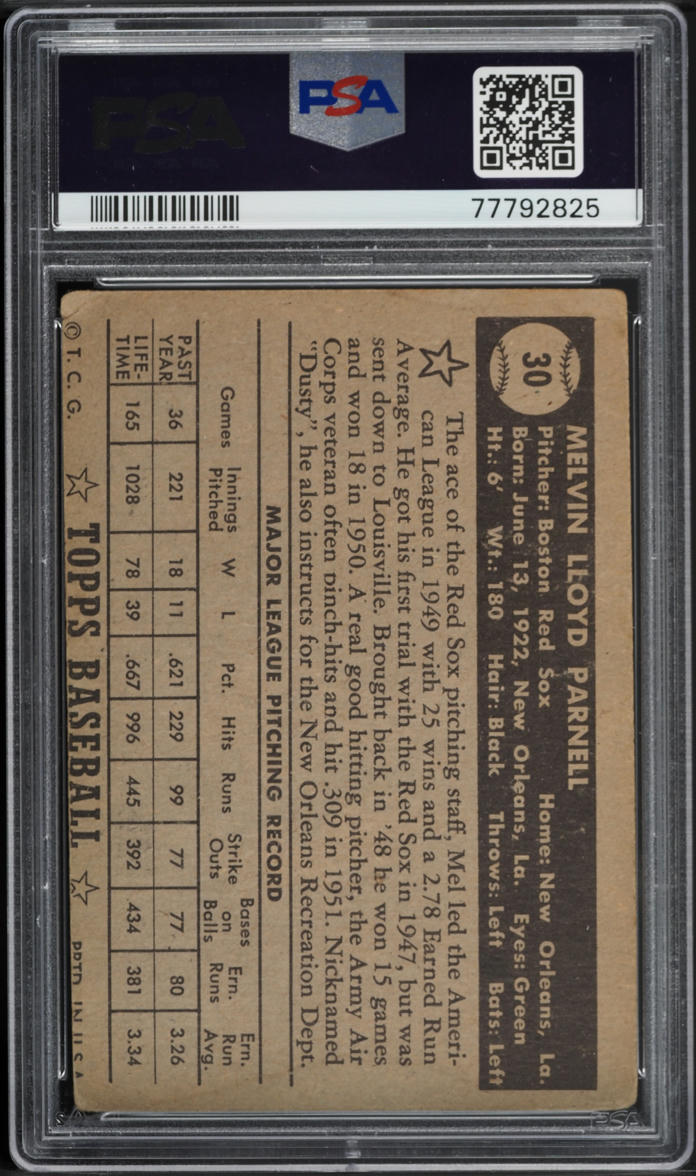 1952 Topps Mel Parnell BLACK BACK #30 PSA 2 GD