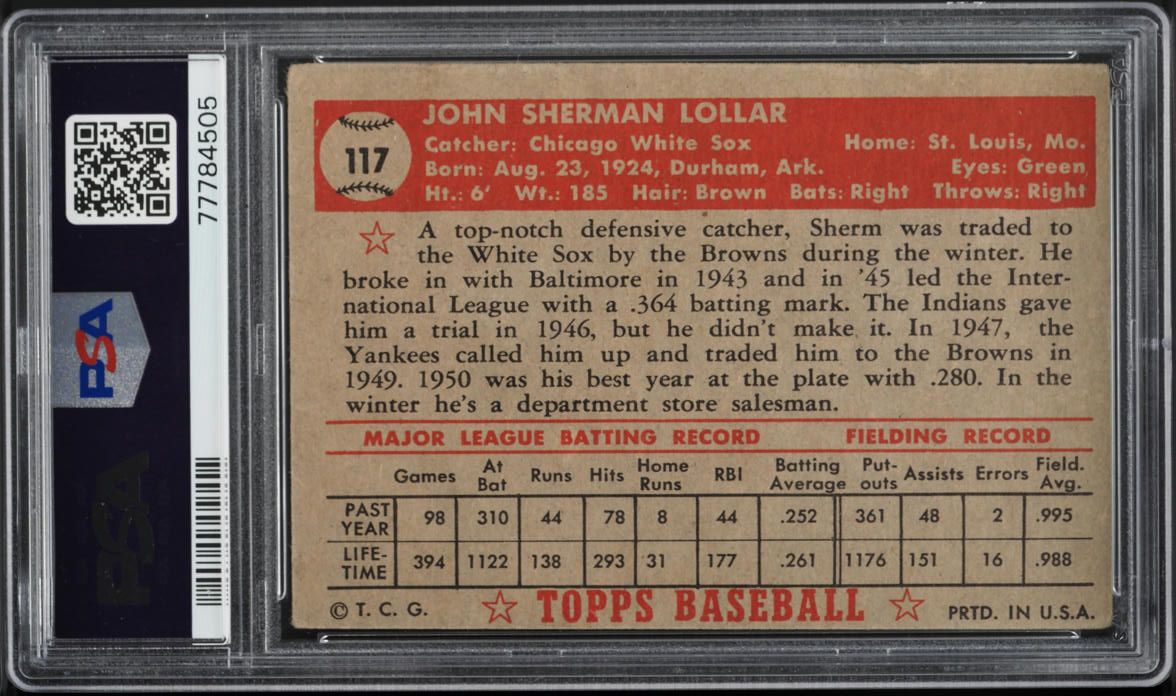 1952 Topps Sherman Lollar #117 PSA 2 GD